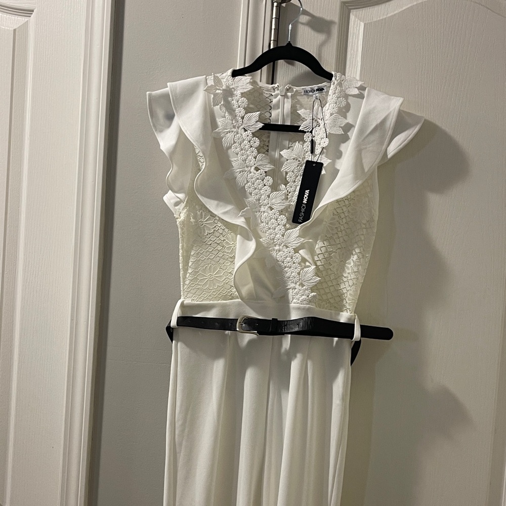Fashion Nova White Lace V-Neck Ruffle Jumpsuit with Black Belt